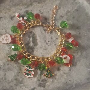 Festive Holiday Gold Charm Bracelet with Red and Green Accents